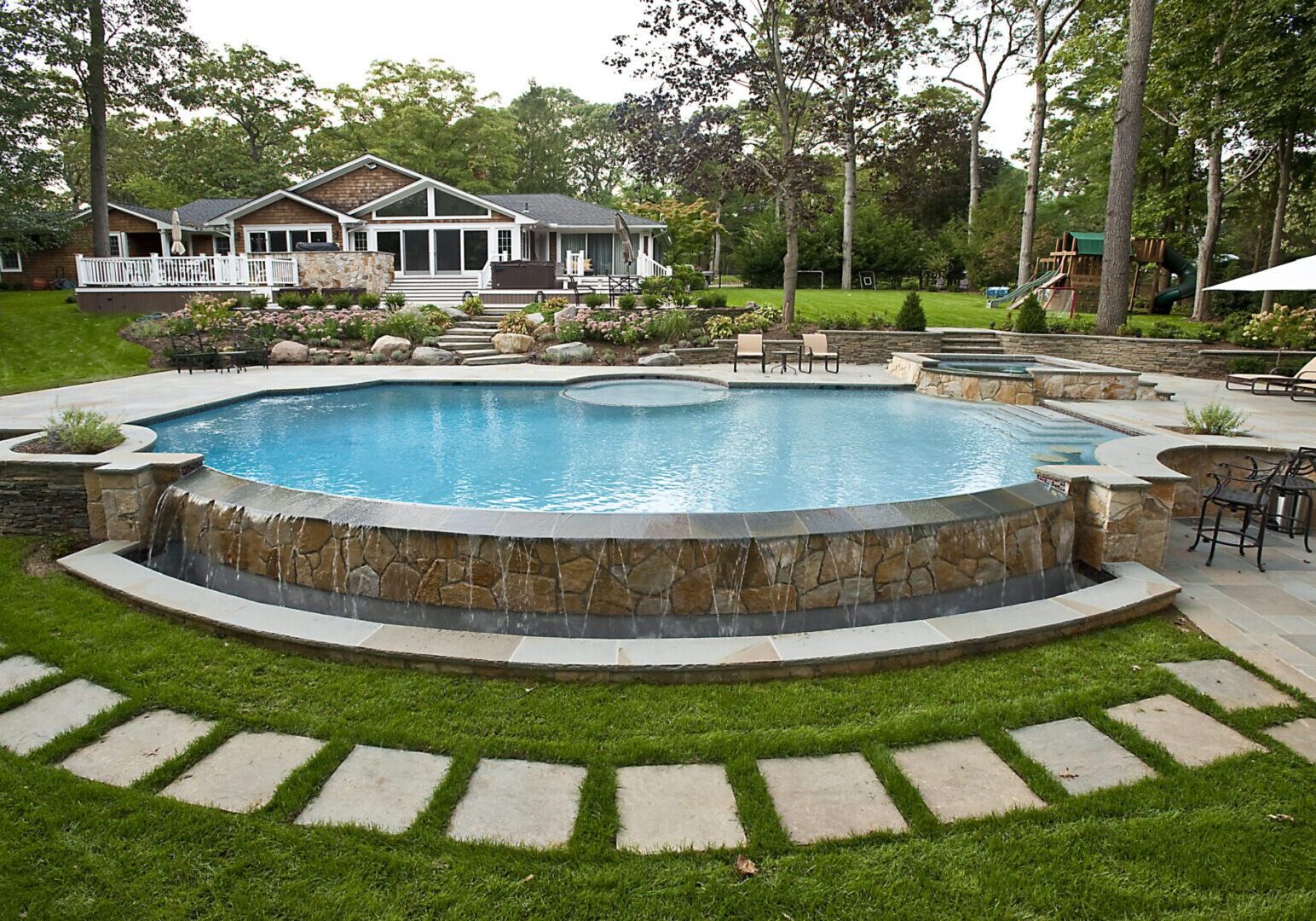 Scenic poolside view with lush greenery