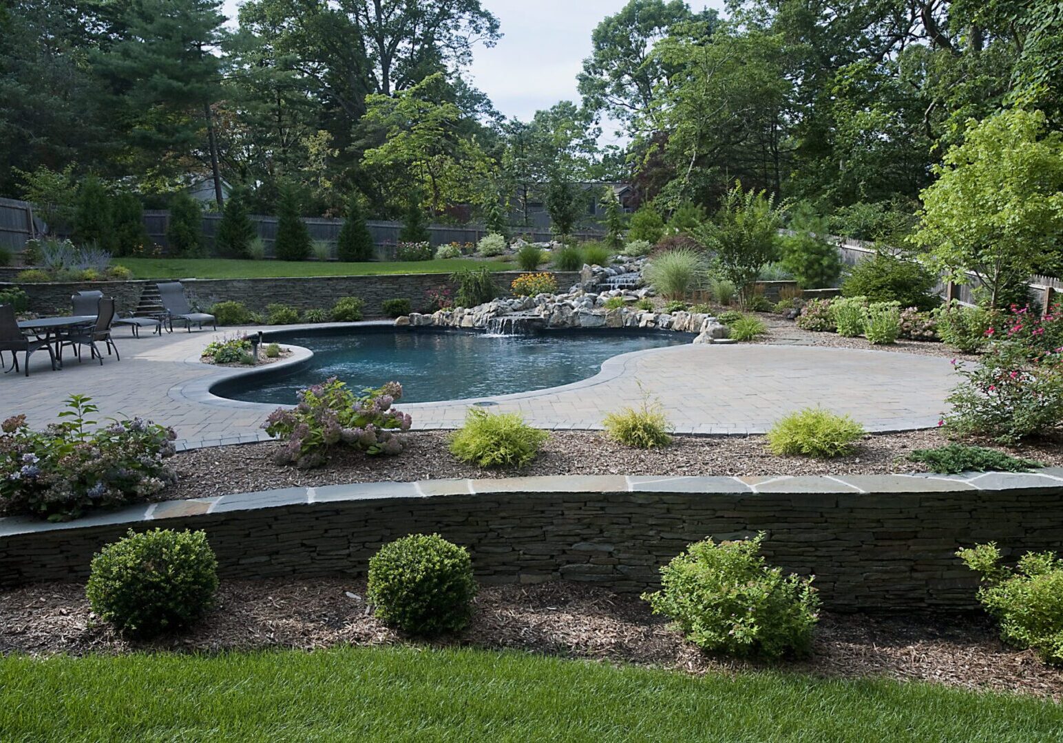 Backyard pool with landscaped garden