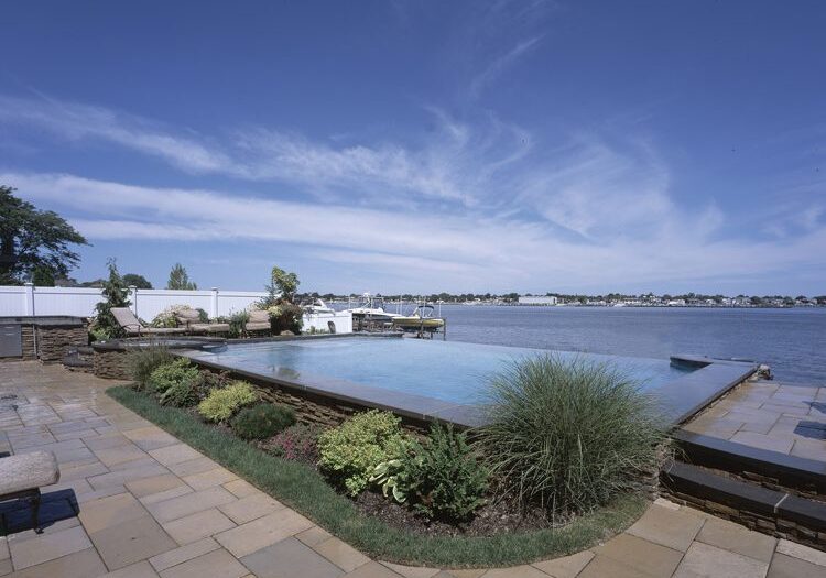Serene lakeside pool view
