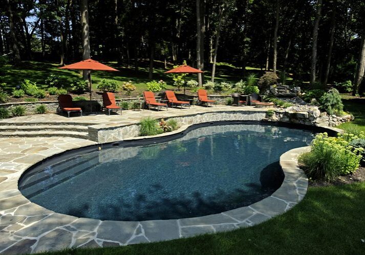 Stone patio poolside scene