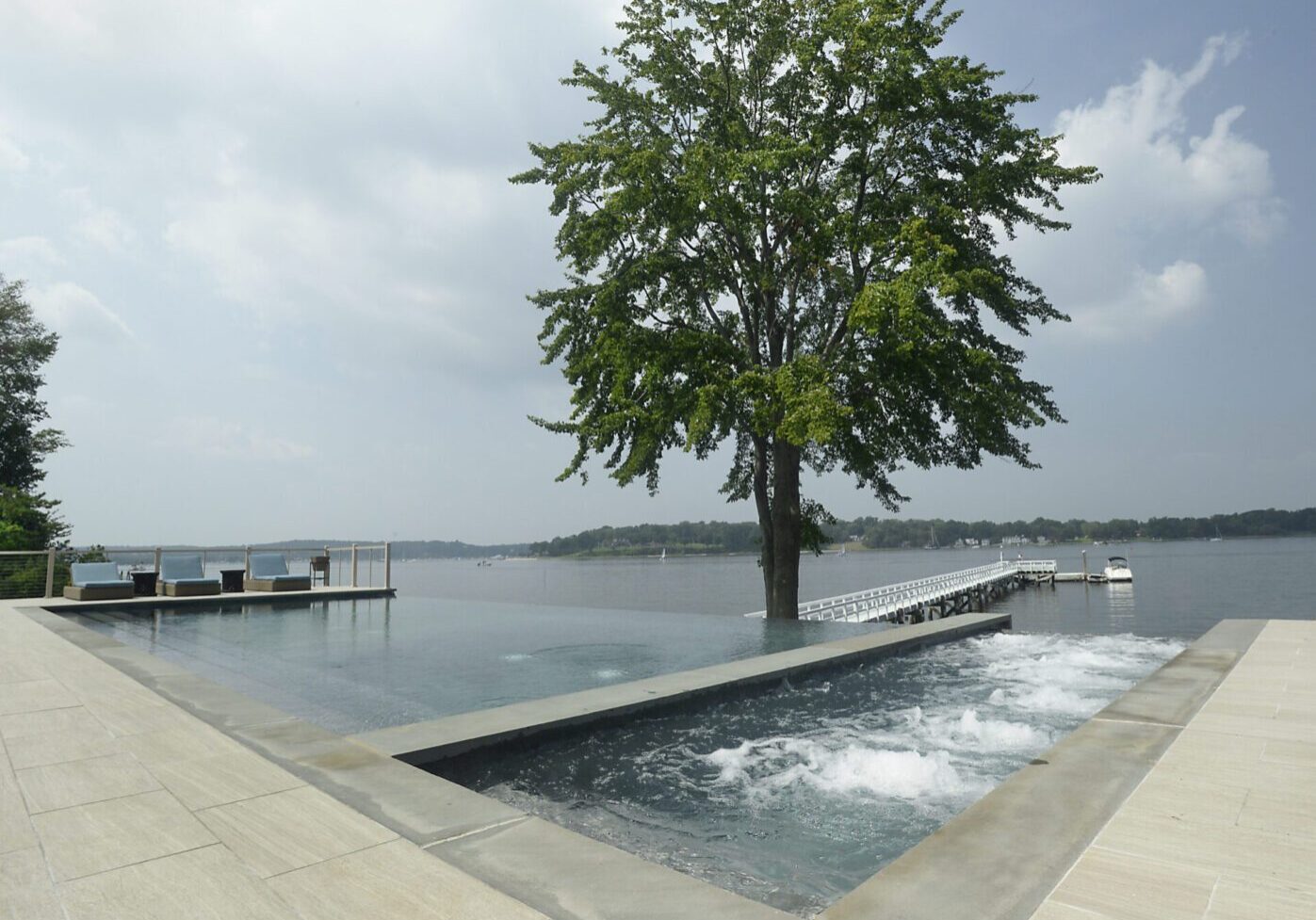 Infinity pool overlooking serene lake