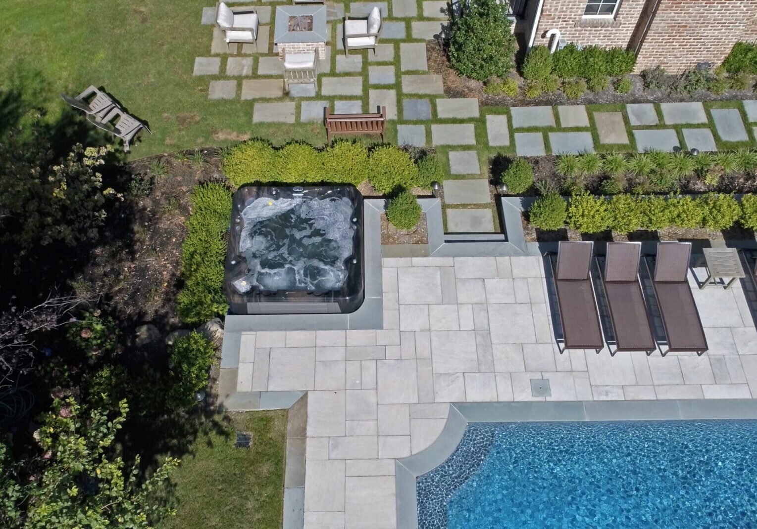 Aerial view of patio and pool