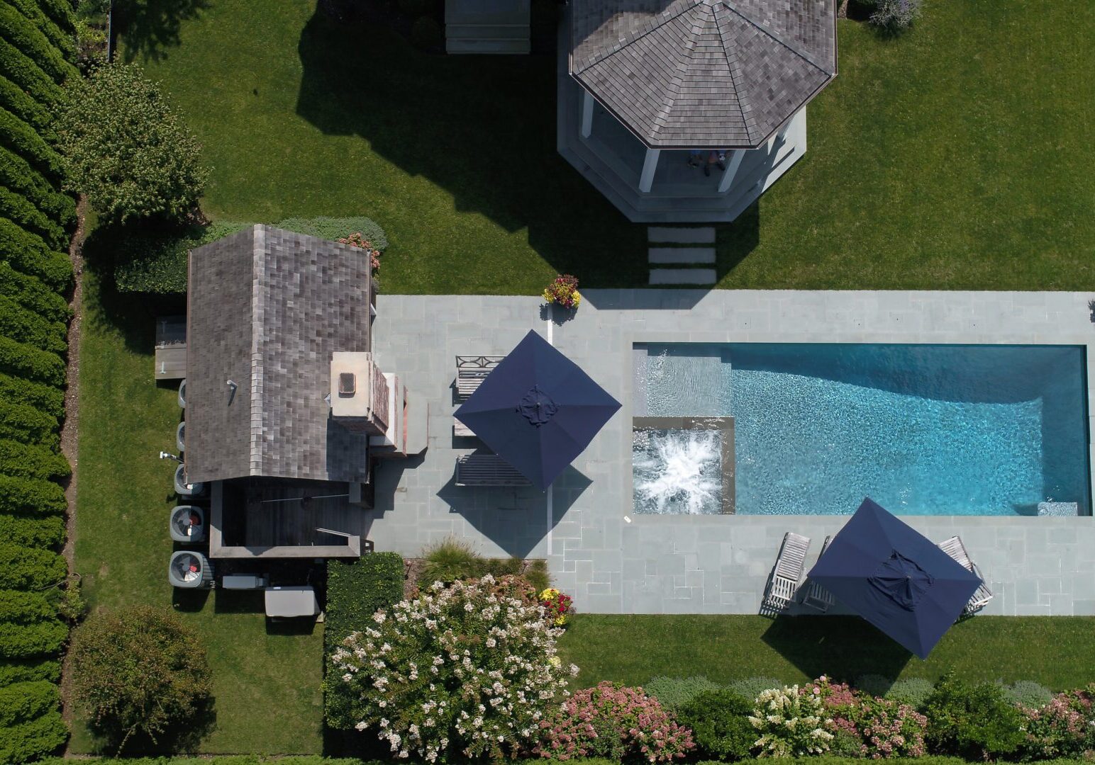 Aerial view of garden and pool